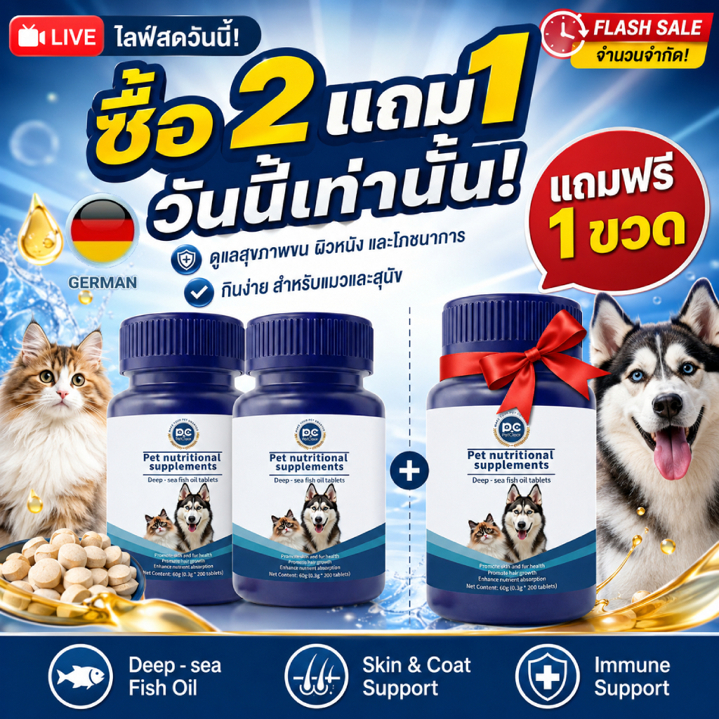 ซื้อ 2 แถม 1 สุดคุ้ม!) PetClear อาหารเสริมน้ํามันปลา บํารุงขน ลดขนร่วง สําหรับสุนัขและแมว 200 เม็ด