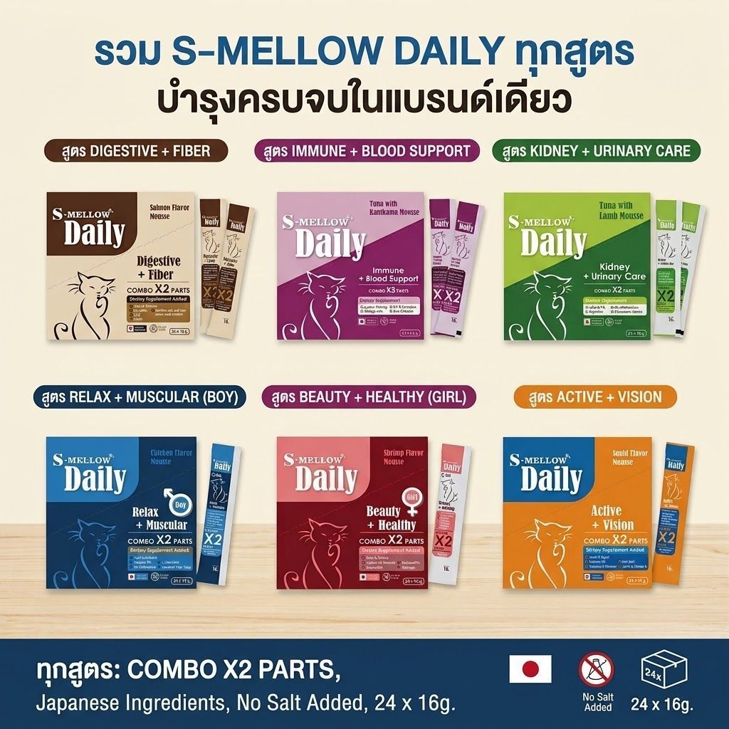 S-Mellow Daily วิตามินรูปแบบแมวเลีย 16 กรัม (แพ็ค 24 ซอง)