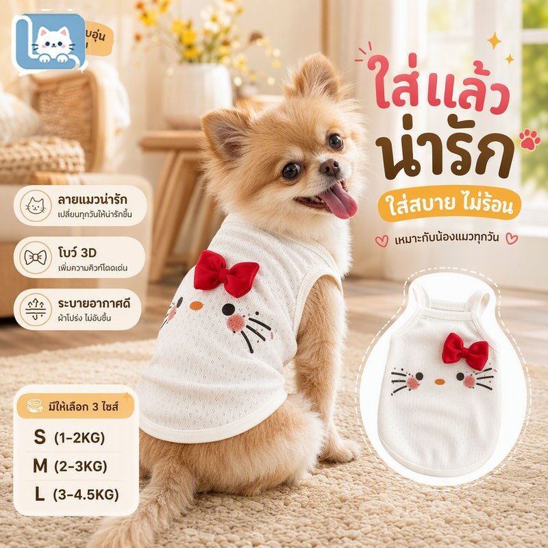 S M L Dog เสื้อผ้าสัตว์เลี้ยงลายแมว โบว์สามมิตินูน ผ้าบางระบายอากาศ ใส่สบายหน้าร้อน
