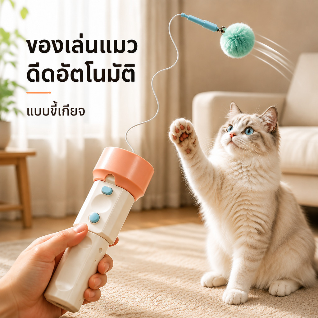 ไม้ตกแมวอัตโนมัติ ของเล่นแมว ดีดกลับปุ่มเดียว ไม่ต้องถือเอง แก้เบื่อแมว