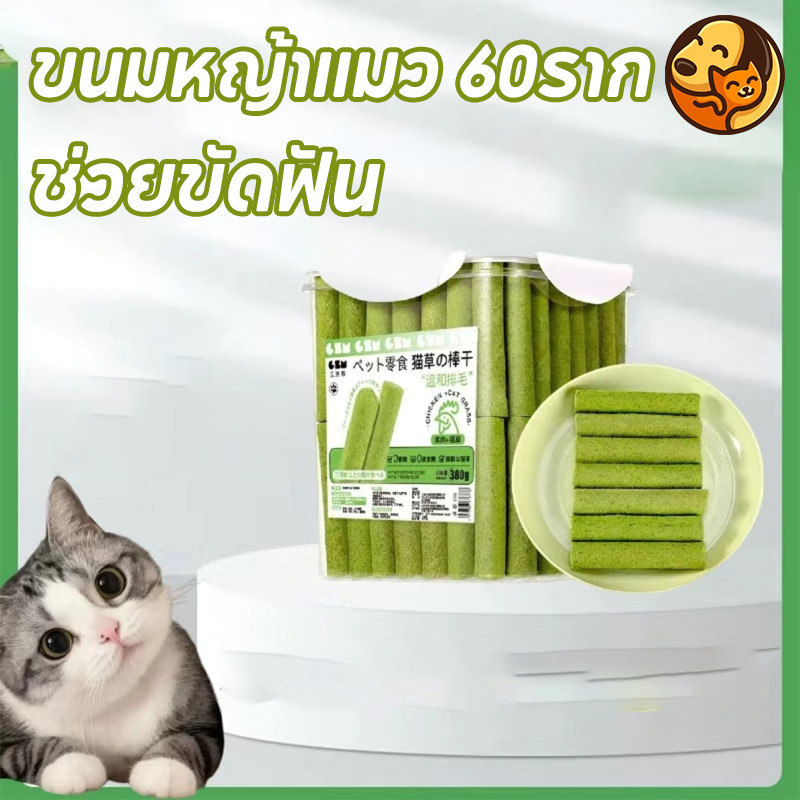พร้อมจัดส่ง ขนมหญ้าแมว กําจัดก้อนขน+ขัดฟัน ช่วยขัดฟัน บรรจุในถังปิดผนึก ขนมหญ้าแมว 60ราก