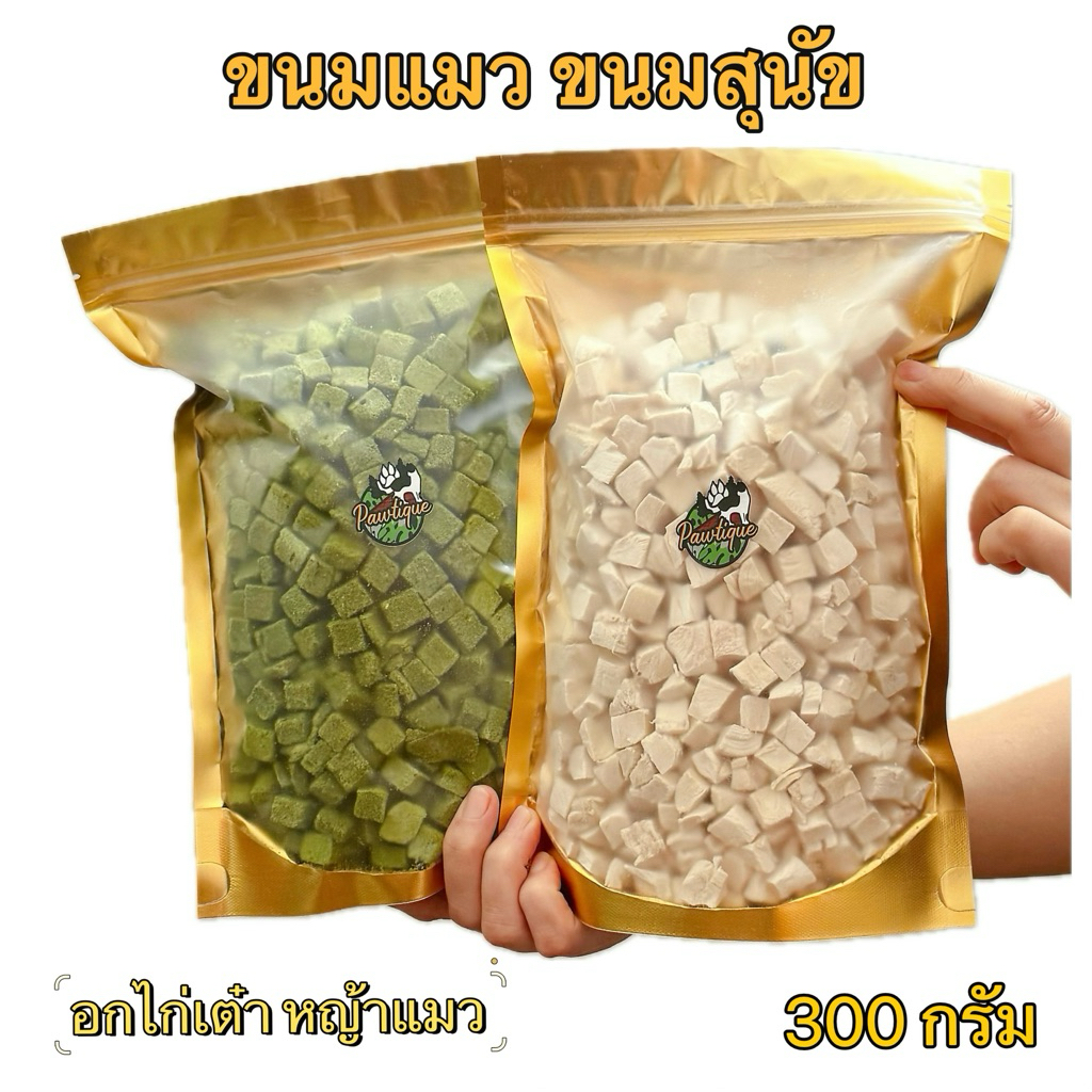 ขนมฟรีซดราย แมว สุนัข 300 กรัม อกไก่เต๋า หญ้าแมว ขนมแมว ขนมสุนัข Freeze Dried 100% อกไก่ฟรีซดราย อกไก่แมว