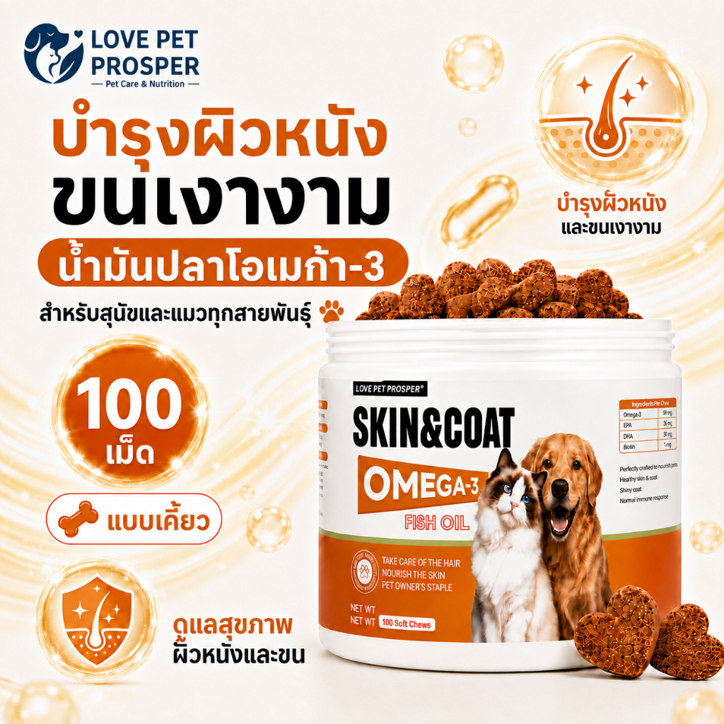 Love Pet Prosper น้ํามันปลาโอเมก้า 3 สําหรับสุนัขและแมว ขนมเคี้ยวบํารุงผิวและขน Omega 3 Fish Oil ดูแลขนเงางาม เคี้ยวง่าย 100 เม็ด