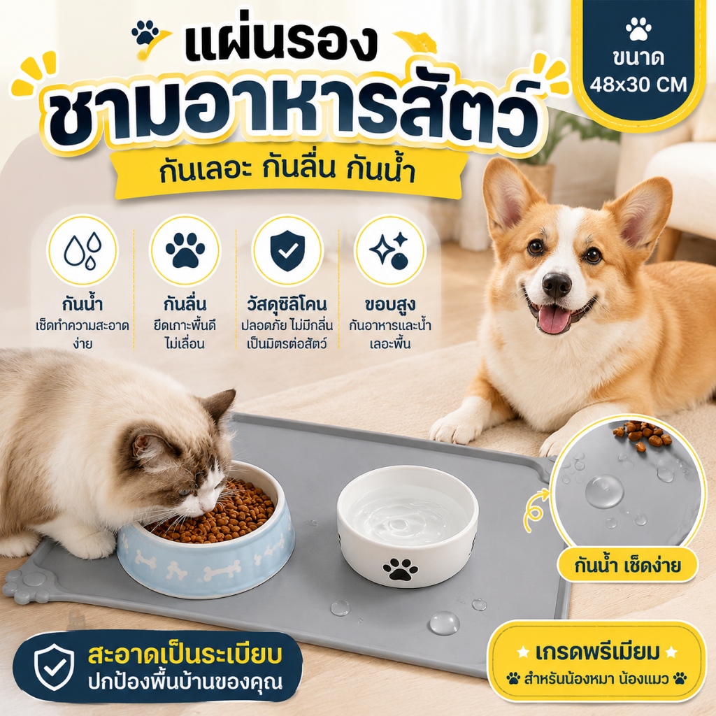 แผ่นรองชามอาหารสัตว์ เสื่อรองชามหมาแมว ซิลิโคน กันน้ํา กันลื่น กันอาหารและน้ําหก ทําความสะอาดง่าย ปกป้องพื้น ขนาด 48x30 ซม