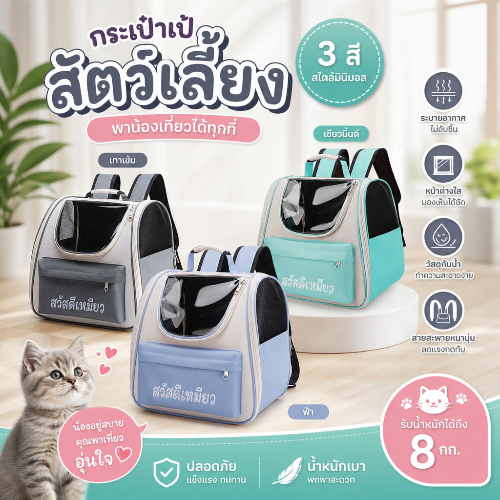กระเป๋าใส่สัตว์เลี้ยง กระเป๋าแมว เป้สัตว์เลี้ยง ใบใหญ่มาก พับเก็บได้ ระบายอากาศได้ หน้าต่างกันสาด กระเป๋าสีขอบด้านข้าง