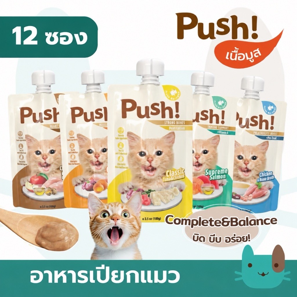 Push (12ซอง) อาหารเปียกแมวพุช เนื้อมูส Complete & Balanced กินเป็นมื้อหลักได้ สารอาหารครบถ้วน
