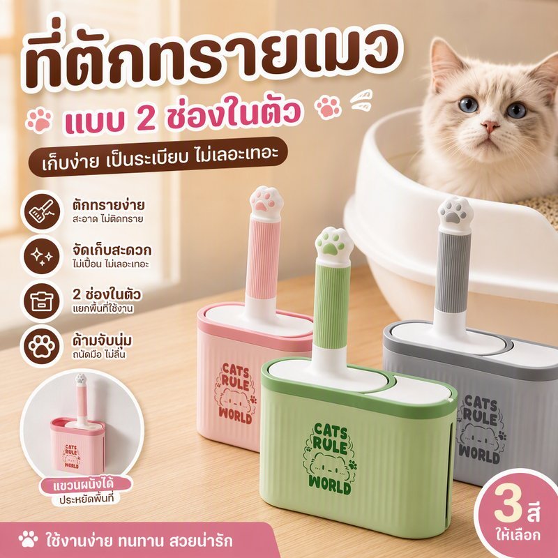 ที่ตักทรายแมว พลั่วทําความสะอาดห้องน้ํา มีถังขยะ แขวน ไม่กินพื้นที่ มีน้ําหนักเบา