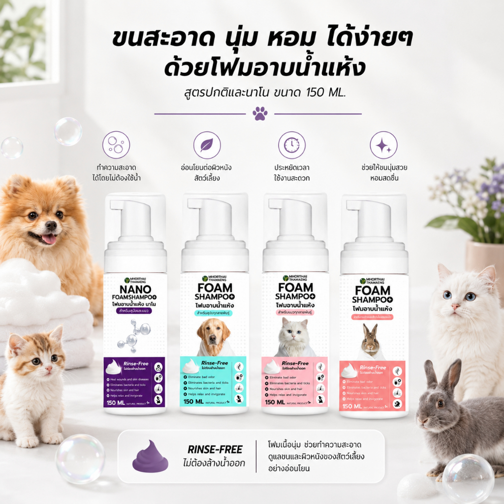 โฟมอาบน้ําแห้งสัตว์เลี้ยง กลิ่นหอมสะอาด ขนนุ่ม สูตรอ่อนโยน Foam Shampoo 150 ml. สุนัข แมว กระต่าย หมอไทยทําเอง