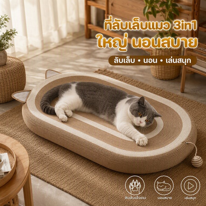 ที่ลับเล็บแมว 3in1 ทรงโค้ง เชือกป่าน ที่นอนแมว ของเล่นแมว รางบอล กันลื่น ทนข่วน