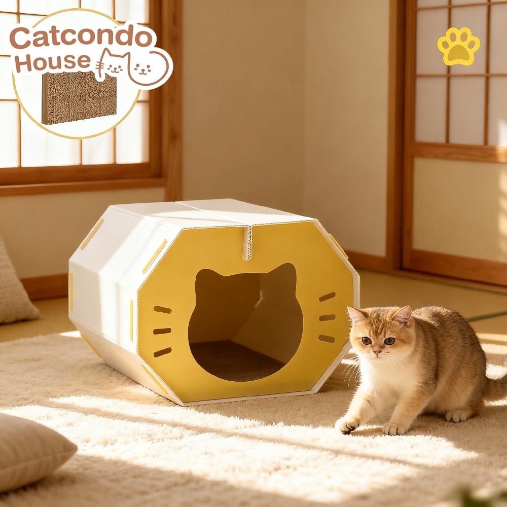 Cathouse บ้าน6เหลี่ยมกันน้ํา ที่นอนแมว ที่นอนสุนัข กันน้ํา มีแผ่นลับเล็บ บ้านแมวพลาสติกทรงแปดเหลี่ยม รุ่นประตูแมว