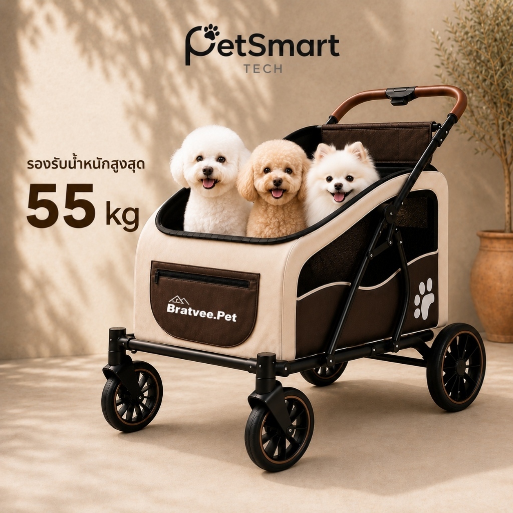 PetSmart]รถเข็นสัตว์เลี้ยง ขนาดใหญ่ รองรับ 55KG พับได้ ล้อ 360° มีเบรก รถเข็นสุนัข รถเข็นแมว