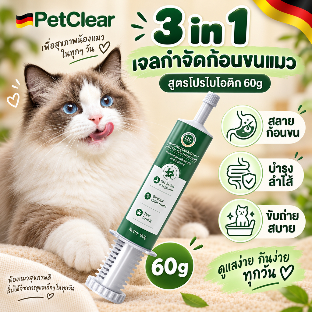 เจลกําจัดก้อนขนแมว 3 in 1 สูตรโปรไบโอติก 60g ช่วยสลายก้อนขน บํารุงลําไส้ ขับถ่ายสบาย