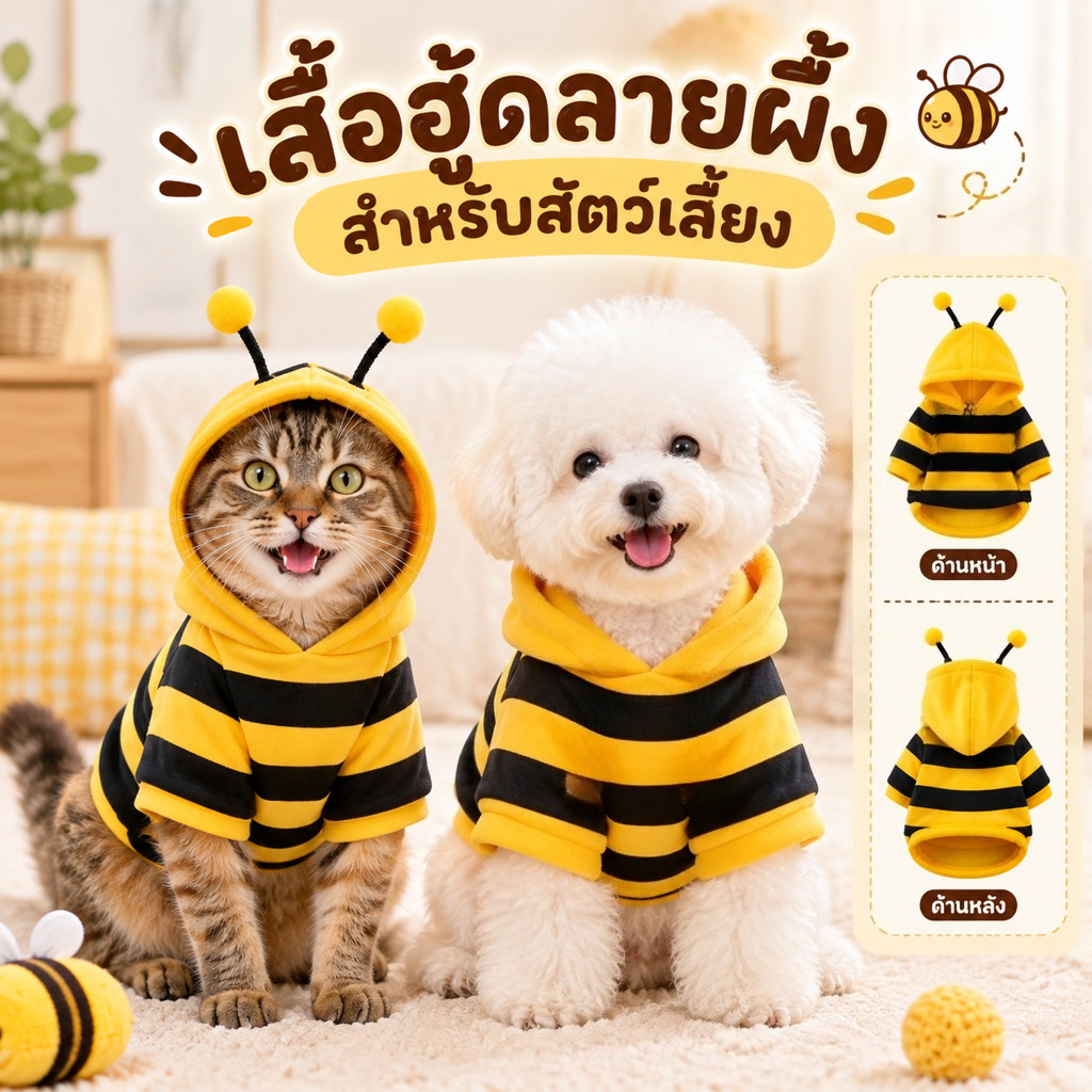 น่ารัก Bee สัตว์เลี้ยง Hoodie สําหรับแมวสุนัขขนแกะนุ่ม Bumblebee เครื่องแต่งกาย 3D Antennae สีเหลืองสีดําลายเสื้อผ้าสัตว์เลี้ยง XS XL