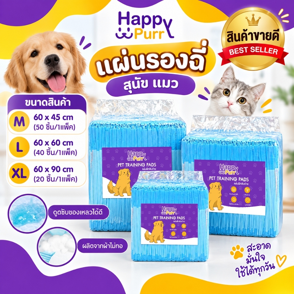 Happy Purr แผ่นรองฉี่สุนัข แมว แผ่นรองสัตว์เลี้ยง ซึมซับได้ดี ช่วยฝึกขับถ่ายระงับกลิ่น ขนาด M/L/XL