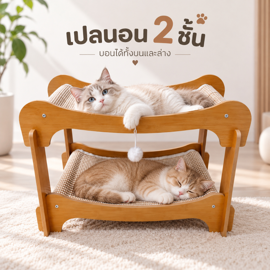 ที่นอนแมว 2 ชั้น ลับเล็บได้ เตียงไม้แมว 2 ชั้น คอนโดแมวไม้ ที่นอนแมว เตียงแมว ของใช้แมว มินิมอล ราคาถูก SWD