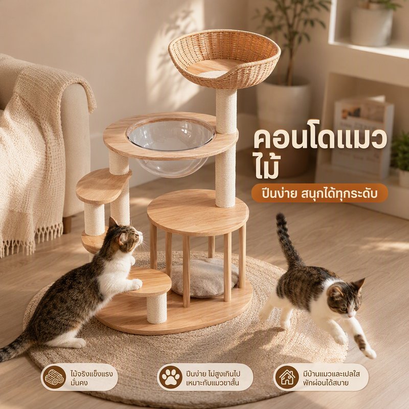 คอนโดแมวไม้ บ้านแมว ต้นไม้แมว พร้อมที่ลับเล็บ สําหรับลูกแมว คอนโดแมวขาสั้น ไม้แท้ แมนช์กิ้น