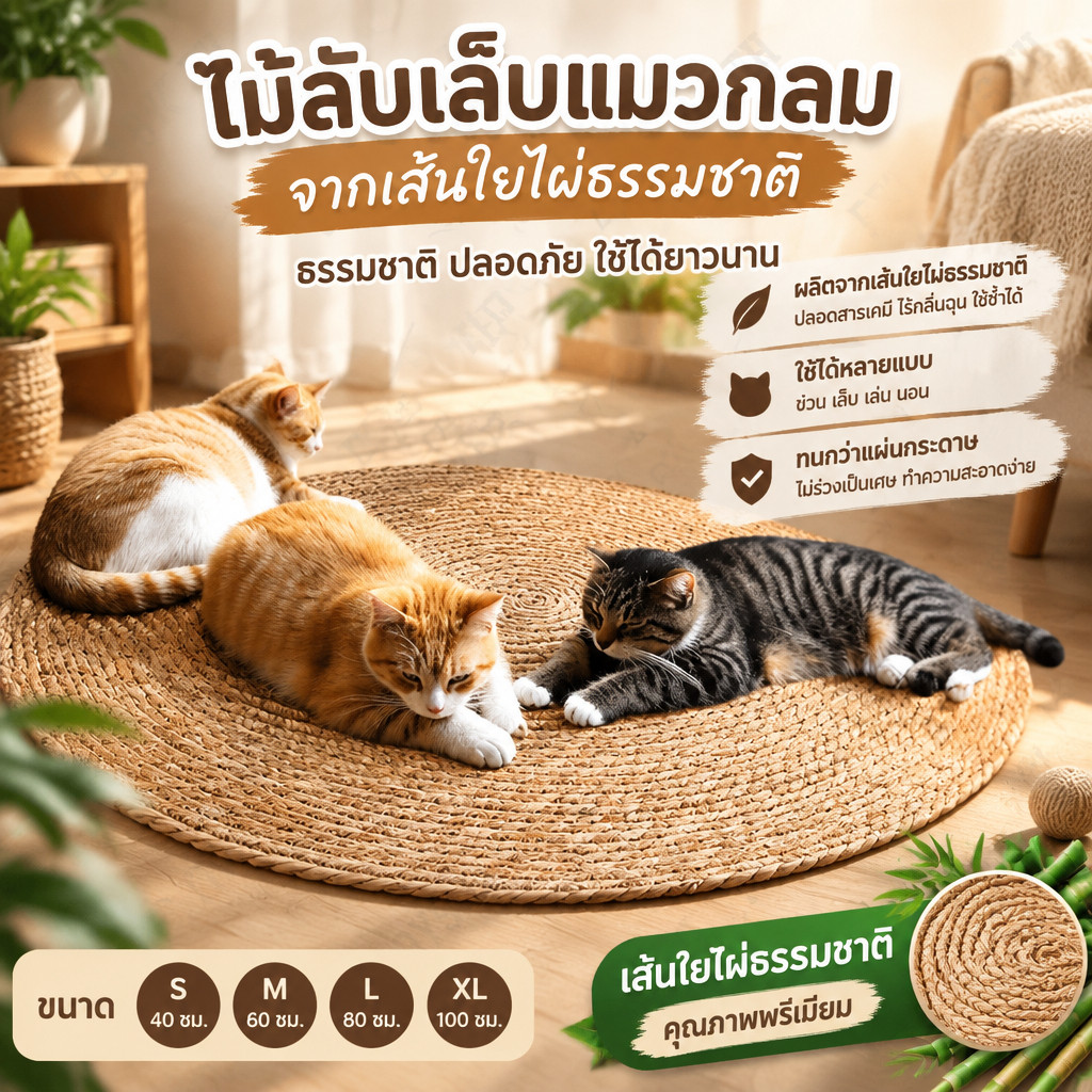 3IN1แผ่นลับเล็บแมว วงกลมพรมลับเล็บแมว ถักทอจากหวาย อเนกประสงค์ ที่นอนแมว ลับ เล็บ นอน เล่น