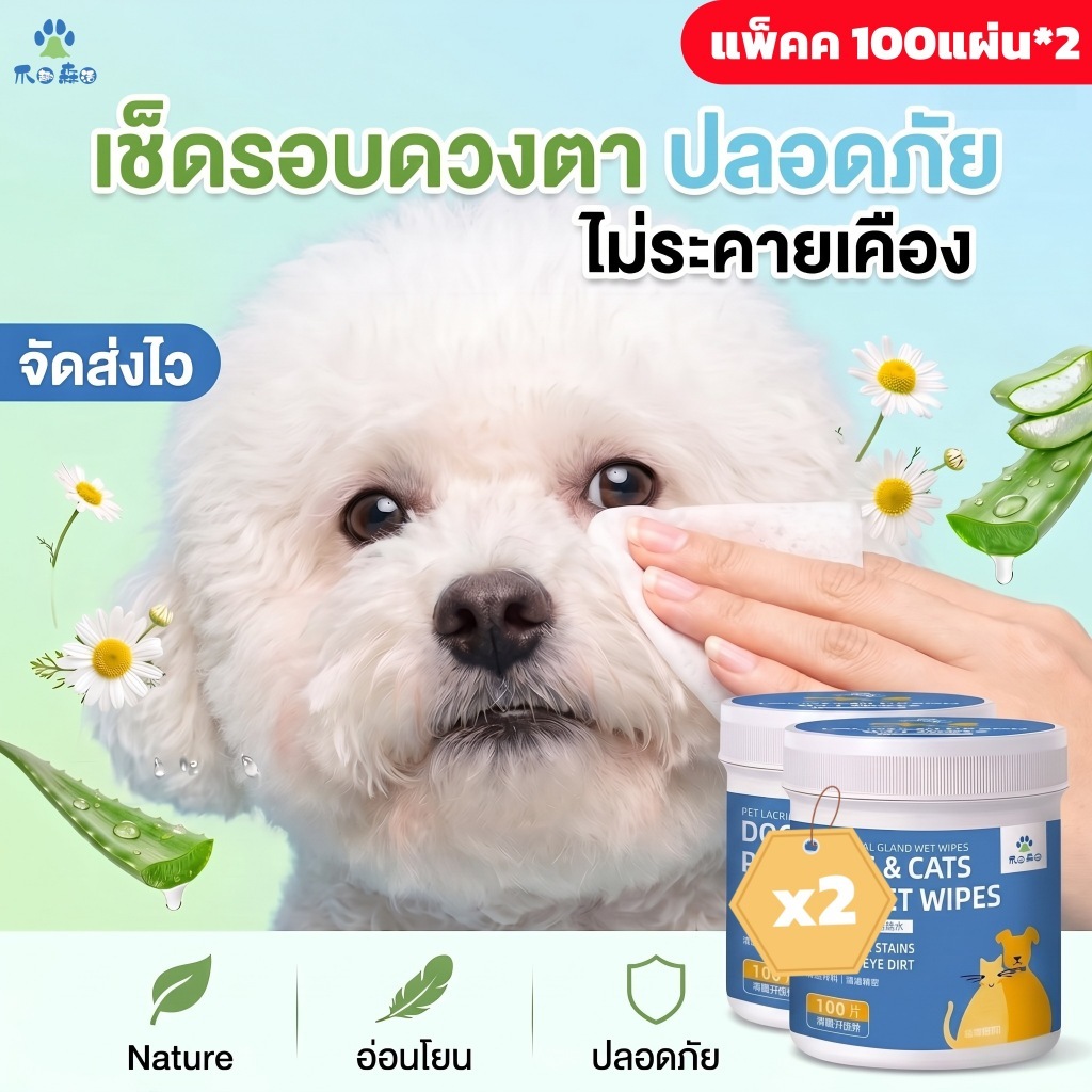 แพ็คคู่]100 แผ่น*2 แผ่นเช็ดตา ทิชชู่เปียก หมาแมว แผ่นใหญ่ เช็ดขี้ตาแข็ง ลดคราบน้ําตา ลดรอยแดง อ่อนโยน ไม่แสบตา ธรรมชาติ ปลอดภัย