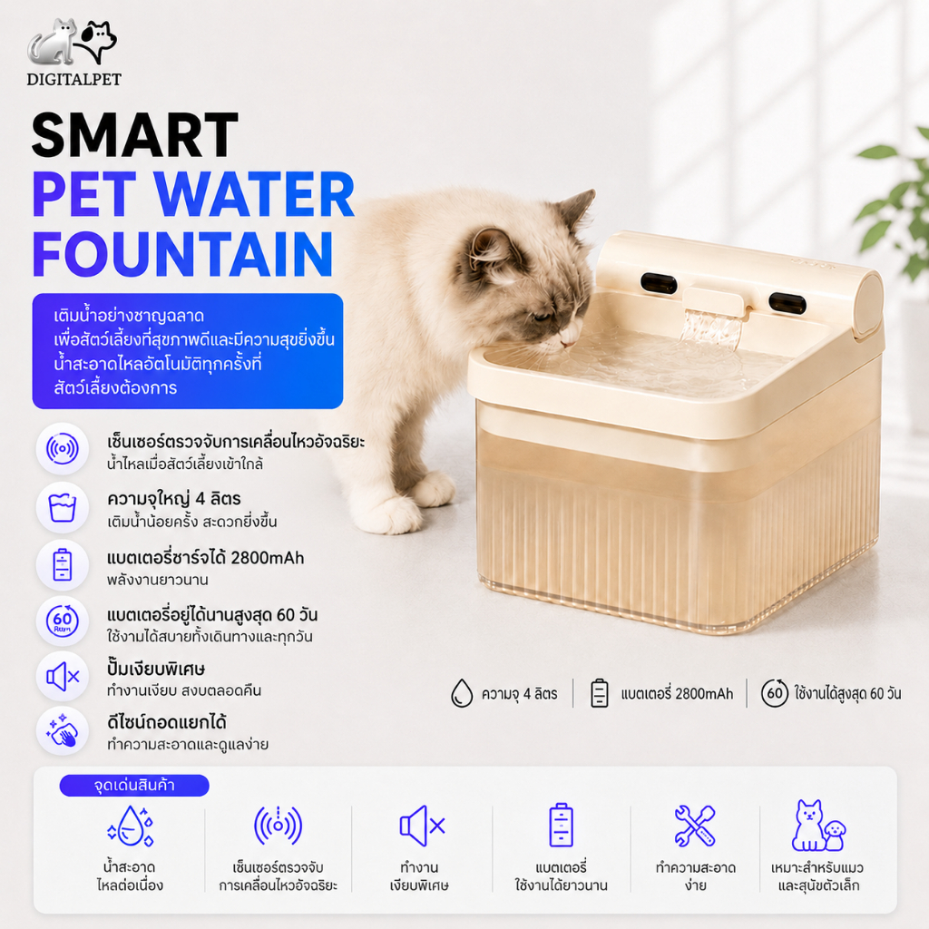 DIGITALPET น้ําพุแมวไร้สาย 4Lเงียบมาก น้ําพุไร้สาย ปล่อยน้ําตามเซ็นเซอร์ น้ําพุแมว น้ําพุแมวอัตโนมัติ แมวตู้น้ํา น้ําพุแมว