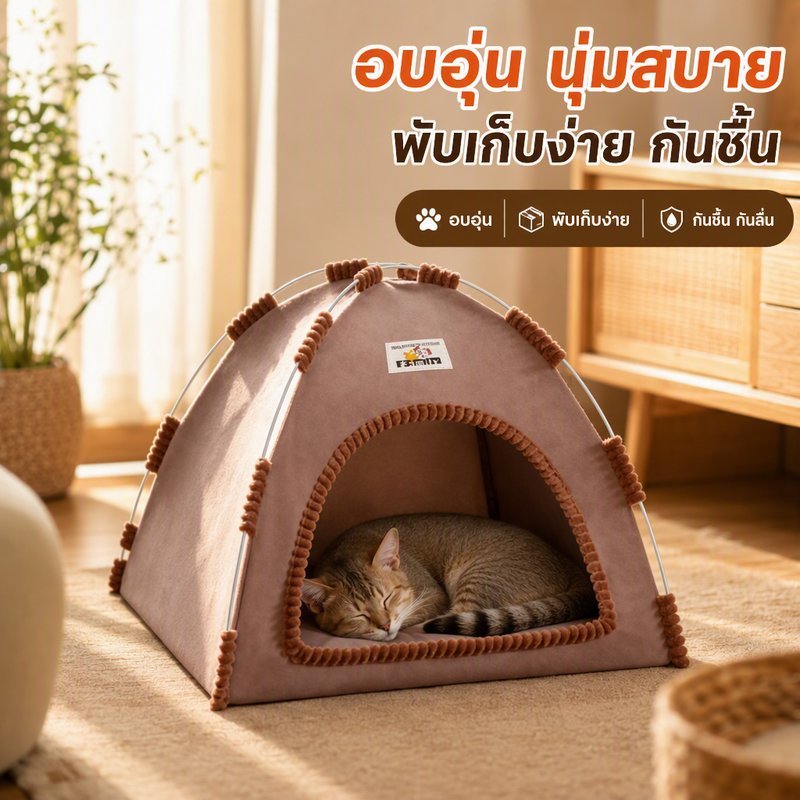บ้านเต็นท์แมว บ้านแมวแบบพับได้ ที่นอนแมวนุ่มอุ่น ระบายอากาศ กันลื่น กันชื้น สําหรับแมวสุนัข