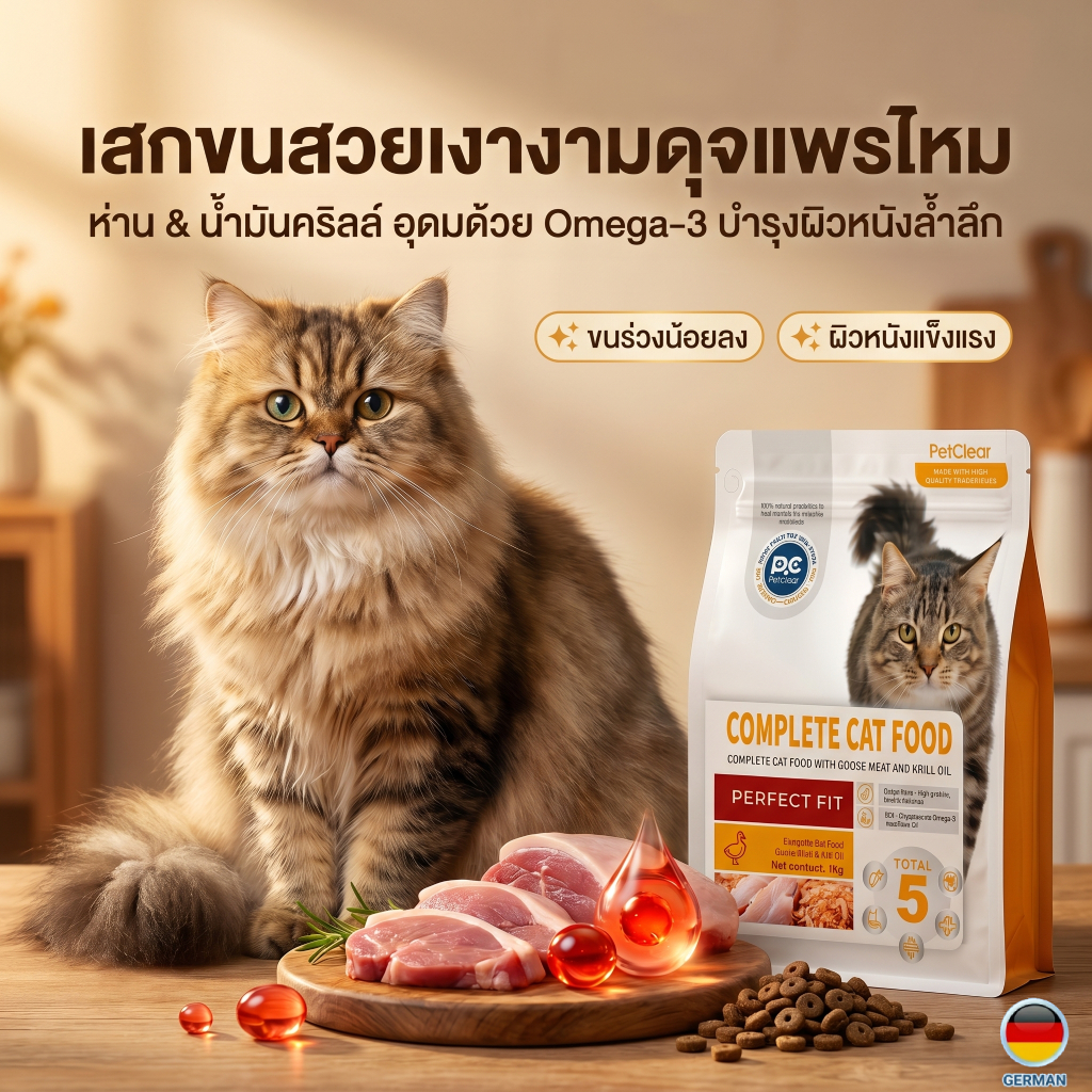 PetClear] อาหารแมวพรีเมียม เนื้อแท้ 75% โปรตีน 42% สูตรเนื้อห่านและคริลล์ออยล์ บํารุงขนสวยเงางาม