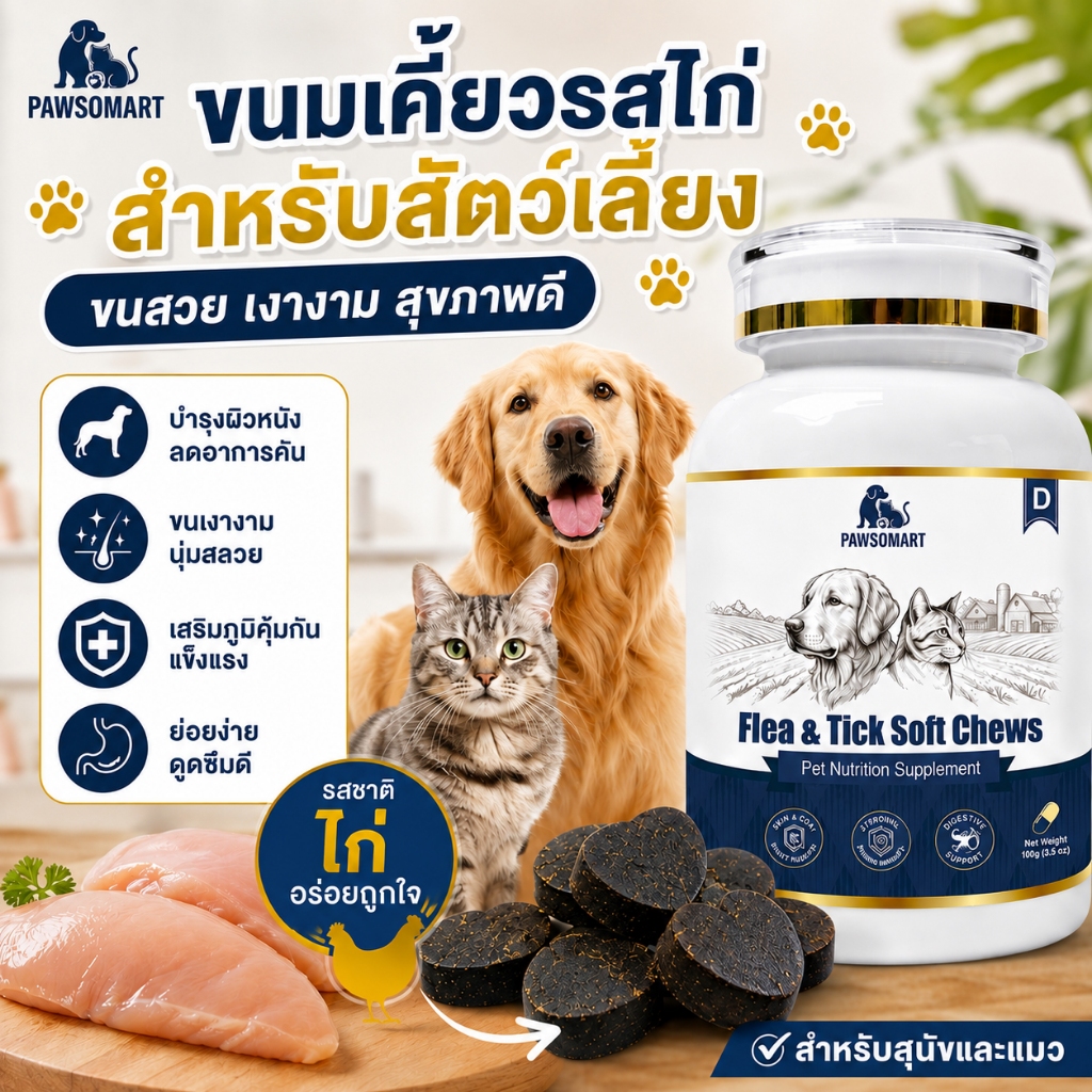 PAWSOMART ขนมเม็ดสัตว์เลี้ยง รสไก่ สําหรับสุนัขและแมว ป้องกันเห็บ หมัด ไร ผิวหนังคัน สริมภูมิคุ้มกัน ขนมเคี้ยวง่าย