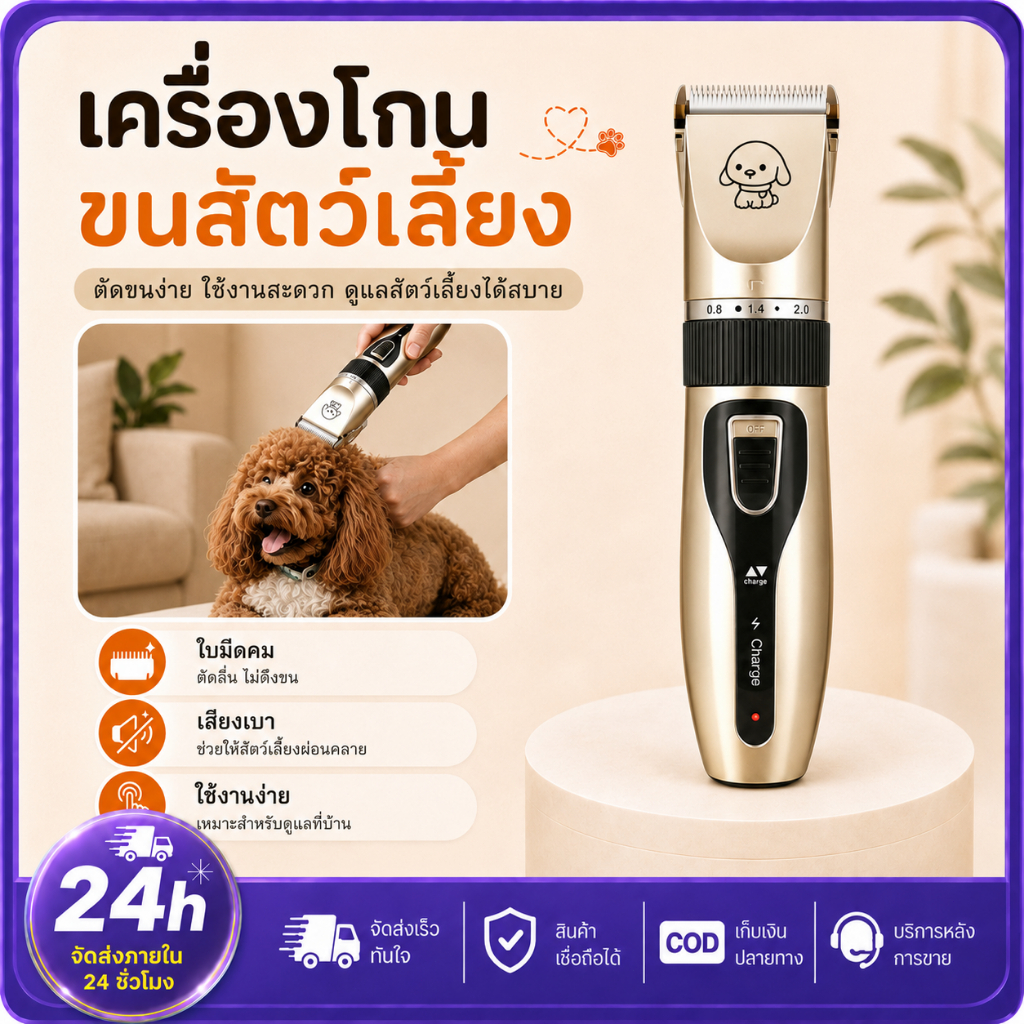 PETWELL ปัตตาเลี่ยนตัดขนสุนัข ชุด12ชิ้น อุปกรณ์เสริมฟรี Type-C ชาร์จใหม่ได้ ไร้สาย กันน้ํา เสียงเบา