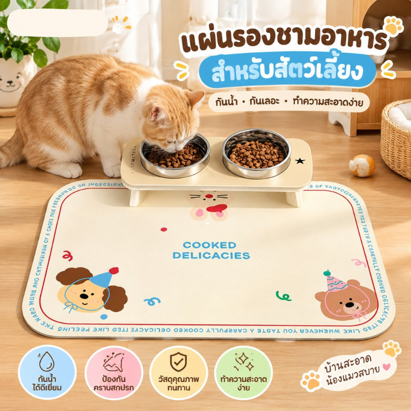 ถาดอาหารหมา ถาดอาหารแมว 45*30cm แผ่นรองชามอาหารสัตว์เลี้ยง แผ่นกันอาหารหก กันลื่น กันน้ํา