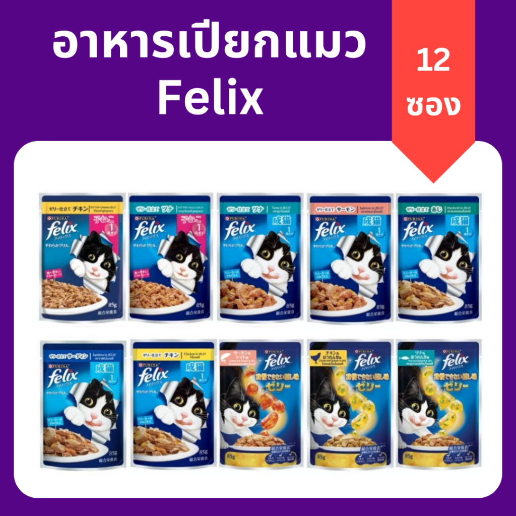 12 ซอง) Felix ฟีลิกซ์ อาหารเปียกแมว 80g ทุกรสชาติ อาหารแมวฟีลิกซ์ บํารุงขน ลดขนร่วง ไม่เค็ม ราคาถูก พรีเมียม อร่อยสารอาห