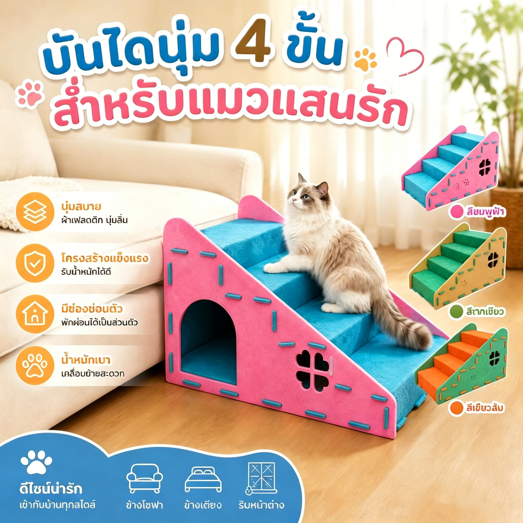 บันไดสัตว์เลี้ยง 4 ชั้น แผ่นเกาแมว ที่นอนแมว มั่นคง ประกอบง่าย ถอดประกอบได้ ถนอมข้อต่อสัตว์เลี้ยง สําหรับแมวและสุนัขเล็ก