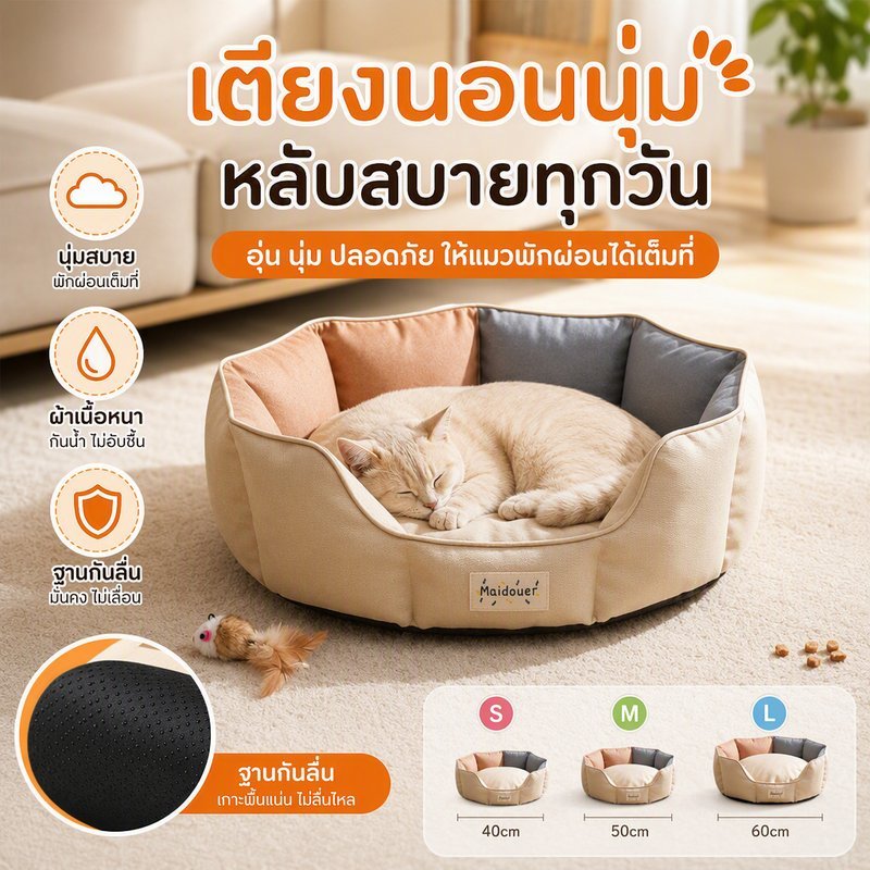 ที่นอนสัตว์เลี้ยง ทรงแปดเหลี่ยม เตียงแมว เตียงสุนัขเล็ก ขอบยกสูง ผ้าอ็อกซ์ฟอร์ด ถอดซักได้ กันลื่น