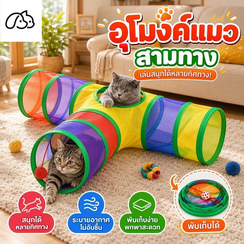อุโมงค์แมว ของเล่นแมว พับเก็บได้ 3 ทาง สีรุ้ง ผ้าตาข่าย ระบายอากาศ ทําความสะอาดง่าย