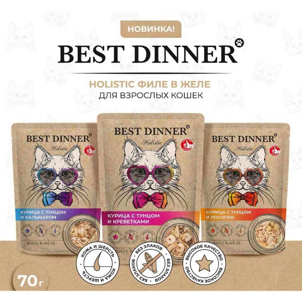 70G 6 สูตร 1 แพ็ค 12 ซอง อาหารแมว Best Dinner Holistic รสทูน่าในเกรวี่ ขนาด 70 กรัม
