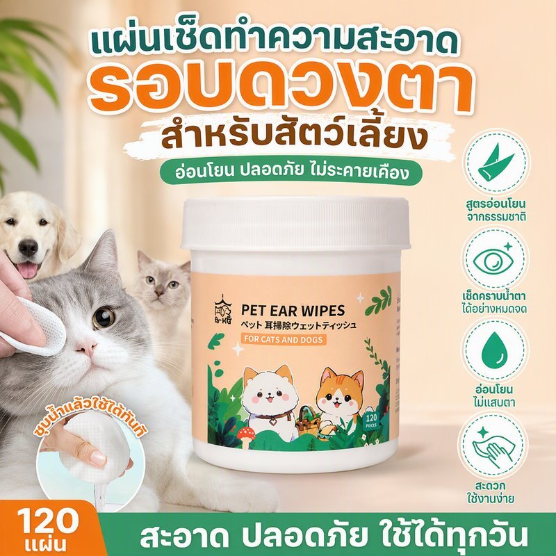 แผ่นเช็ดแมว แผ้าเช็ดตาและหู ผ่นเช็ดตาสุนัขและแมว ให้ความชุ่มชื้นและละลายคราบน้ําตา