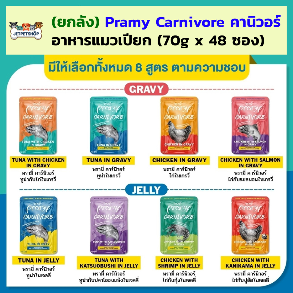 ยกลัง48ซอง) Pramy Carnivore พรามี่ คานิวอร์ อาหารเปียกแมว โปรตีนสูง ไม่มีน้ําตาลและเกลือ