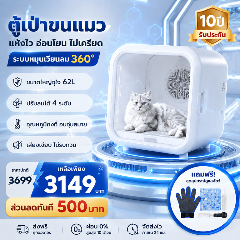 ตู้เป่าขนแมว Smart Pet Dryer ไดร์เป่าขนแมว เสียงรบกวนต่ํา ตู้อบแมว ตั้งเวลาได้ เป่าขนแมว แห้งเร็ว