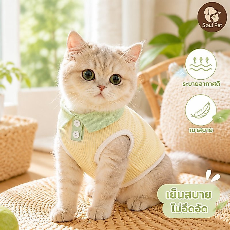 เสื้อผ้าสัตว์เลี้ยง เสื้อสุนัข เสื้อแมว คอปกพาสเทล ผ้าถักระบายอากาศ ใส่ง่าย สําหรับหน้าร้อน
