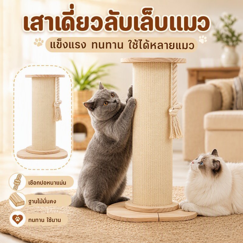 ที่ลับเล็บแมว เสาลับเล็บแมว คอนโดแมว ของเล่นแมว ไม้เนื้อแข็ง ฐานมั่นคง ทนขีดข่วน