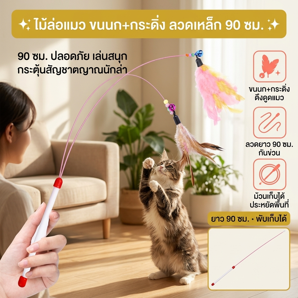 เกรดดีที่สุด🐾ไม้ล้อเล่นแมว ของเล่นแมวมีขนนกและกระดิ่ง ฝึกความสนใจแมว เชือกลวดเหล็กยืดหยุ่น ไม่หักง่าย