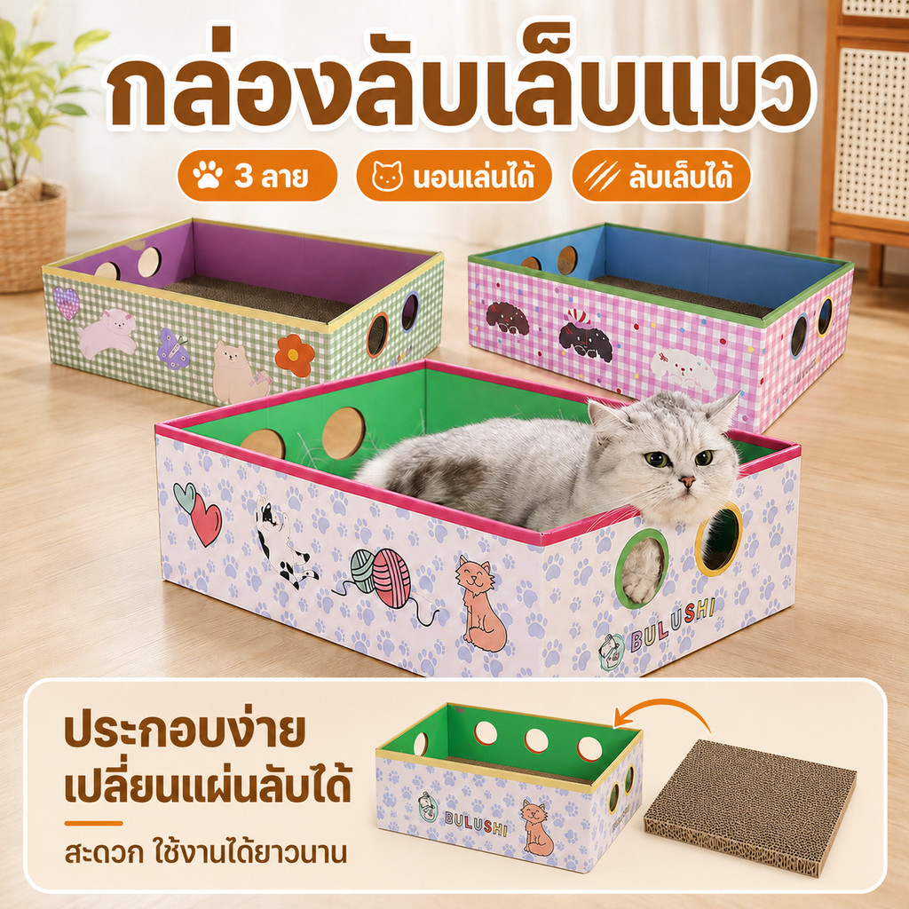 กล่องลับเล็บแมว ที่ลับเล็บแมว กระดาษลูกฟูก ทนต่อการสึกหรอ มีหลากหลายสไตล์ให้เลือก