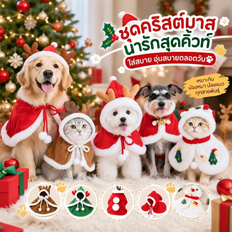 ชุดสุนัขมีฮู้ด ชุดแมวมีฮู้ด เสื้อคลุมสัตว์เลี้ยงกันหนาว ตกแต่งคริสต์มาสและปีใหม่ เป็นของขวัญ