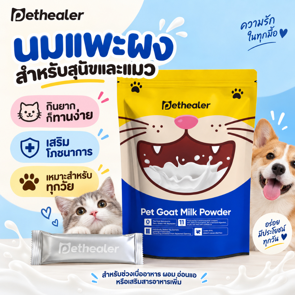 PETHEALER นมแพะผงสําหรับสุนัขและแมว 300g 10g x 30 ซอง เสริมโภชนาการ วิตามินหลากหลาย ชงง่าย ผสมอาหารได้ สําหรับทุกช่วงวัย