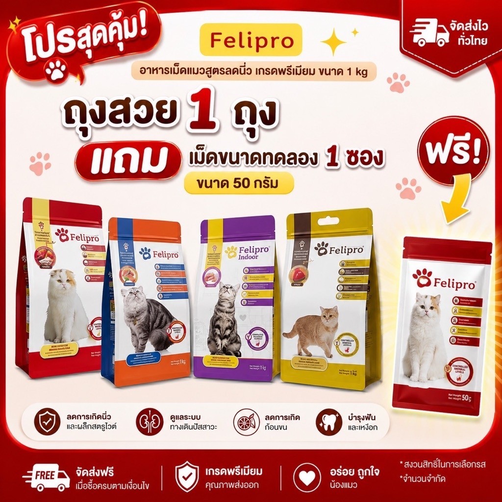 Felipro อาหารแมว เฟลิโปร ลดการเกิดนิ่ว พัฒนาสูตรโดยสัตวแพทย์เพื่อสุขภาพที่ดีในระยะยาว น้ําหนัก 1 กก