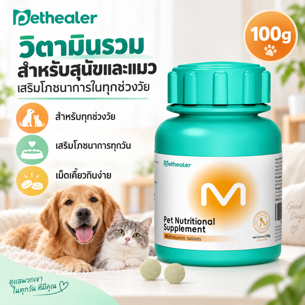 PETHEALER วิตามินรวมสําหรับสุนัขและแมว 100g เสริมโภชนาการประจําวัน ดูแลผิวหนังและเส้นขน สําหรับสัตว์เลี้ยงทุกช่วงวัย