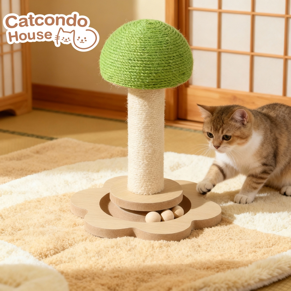Cathouse เสาดอกทานตะวัน(สีเขียว) ของเล่นแมว ที่ลับเล็บทรงเห็ด 2in1 พร้อมลูกบอลหมุน เสาลับเล็บแมว