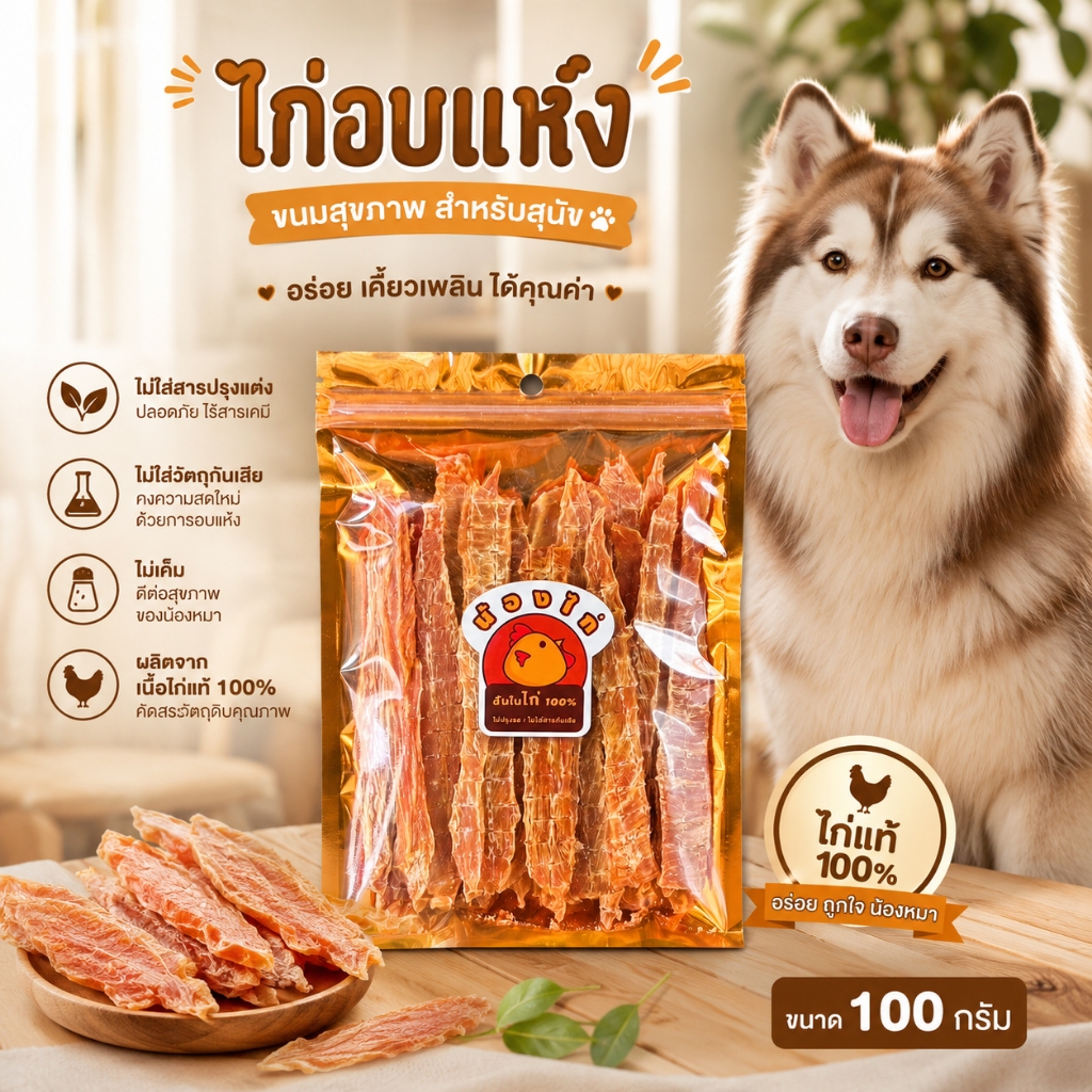ไก่อบแห้ง ขนมสุนัข ขนมแมว (สติ๊ก) ขนาด 100 กรัม By Nongkai