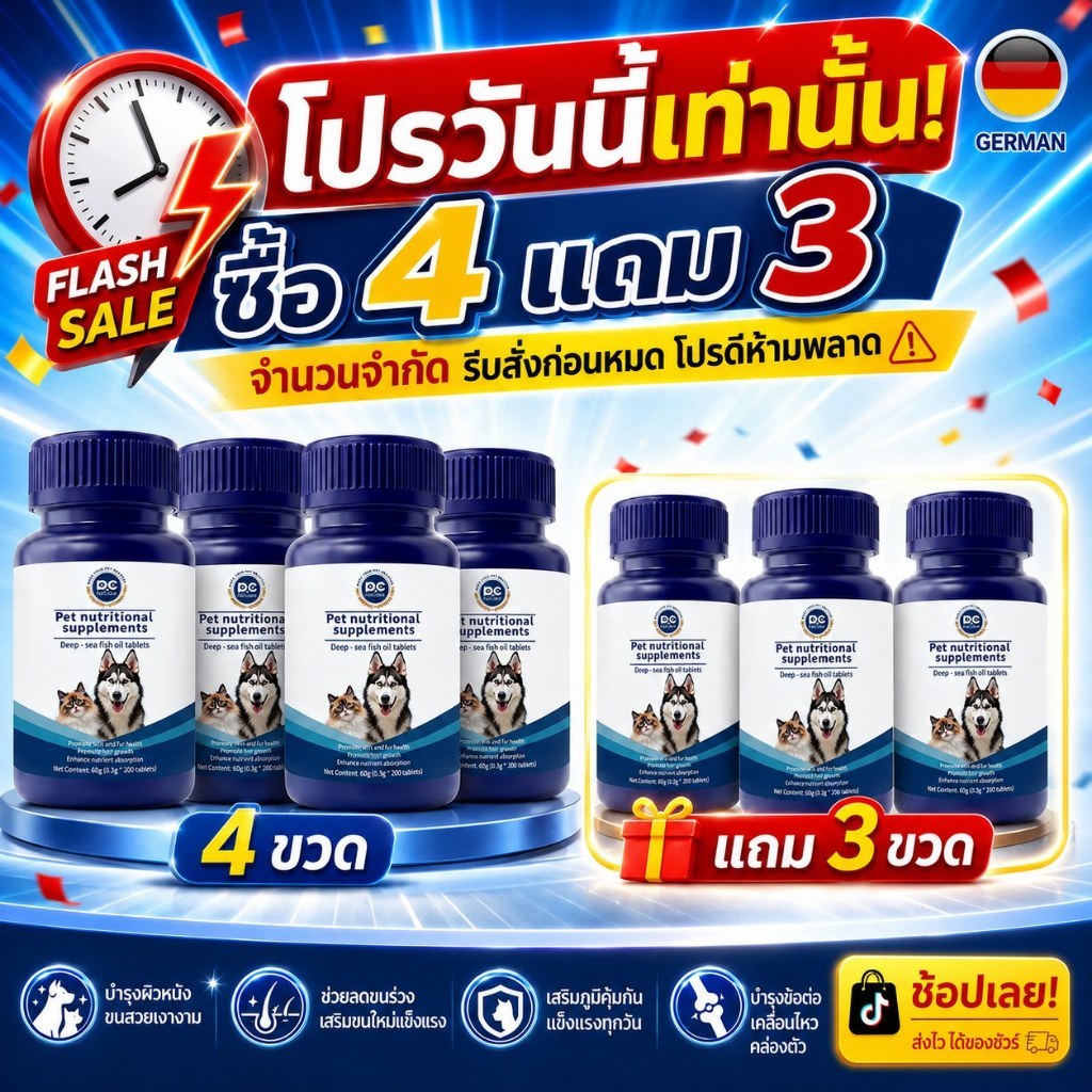 อาหารเสริมบํารุงขนสุนัขแมว 200 เม็ด ช่วยดูแลสุขภาพผิวและขน โปรซื้อ 4 แถม 3
