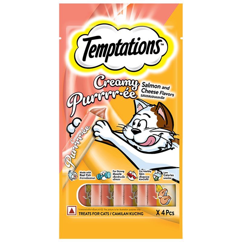 เทมเทชันส์รสแซลมอนและชีสขนมแมวเลีย4ซอง 48กรัม Temptations Salmon With Cheese Cat Lickable 4pcs. 48g
