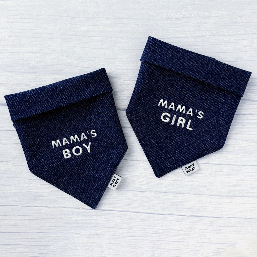 ผ้าพันคอหมาแมว ผ้าพันคอสัตว์เลี้ยง - Mama’s Boy/Girl - ลายปักผ้ายีนส์สีเข้ม