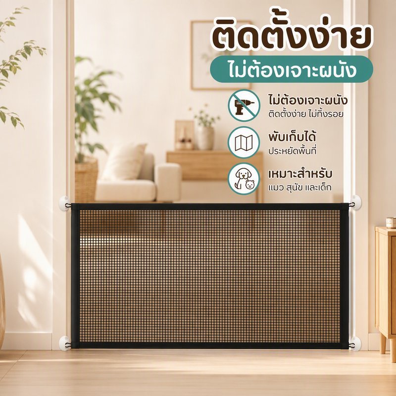 รั้วกั้นสัตว์เลี้ยง ตาข่ายกั้นสุนัข แมว ประตูบันได พับเก็บได้ ติดตั้งง่าย ไม่ต้องเจาะผนัง